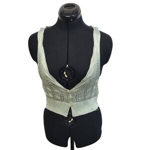 Free People Metallic Knit Cropped Vest Sage Green Silver Small NWT Flaw